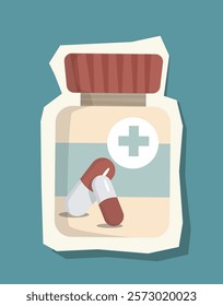 Illustrated medicine bottle with a red cap, cross symbol, and capsules beside it. Simple design on a teal background. Concept of healthcare and pharmacy. Vector illustration