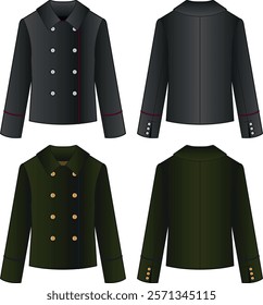 Illustrated Military Jacket Designs, Front and Back Views in Dark Gray and Olive Green