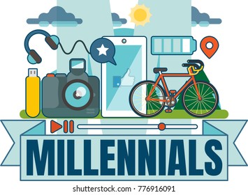 Illustrated Millennial vector badge with scene including photo camera, smartphone, USB drive, earphones, bike and sky. 
