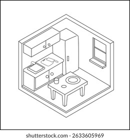 Illustrated Minimalist kitchen with Furniture and Decorative Elements. Coloring page for kid and adult