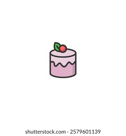 Illustrated minimalistic icon representing a cake with icing detailing, cherry, and a green leaf.