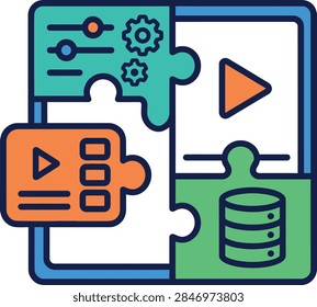 Illustrated mobile app interface concept showing database, settings, and play button icons