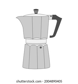Illustrated moka pot - coffee brewing tool. Simple geometrical illustration with thin black outline. Isolated on white.
