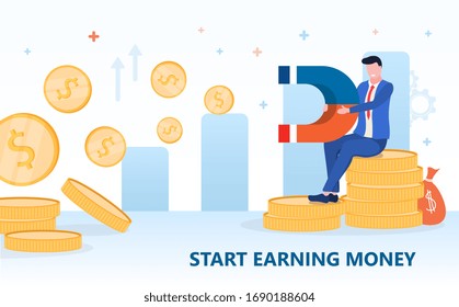 Illustrated money magnet concept with business man on pile of money. Colorful vector illustration