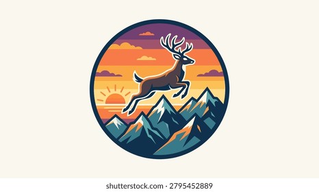 An illustrated mountain scene with a leaping deer at sunset