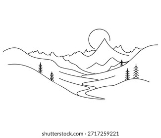 Sendero de montaña ilustrado serpenteando a través de bosques bajo un cielo claro
