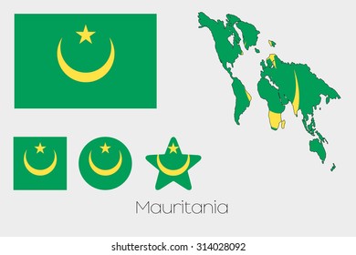 Illustrated Multiple Shapes Set with the Flag of Mauritania
