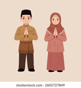 Illustrated Muslim children in traditional attire warmly greet with hands clasped in respect, suitable for cultural and festive designs.
