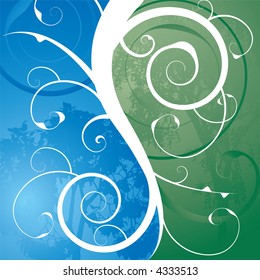 Illustrated natural abstract background in blue and green with a floral design