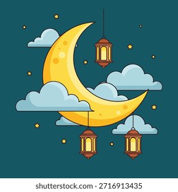 Una escena nocturna ilustrada con una Grande luna creciente amarilla, tres linternas ornamentadas colgantes y suaves nubes azules con Pequeñas estrellas.