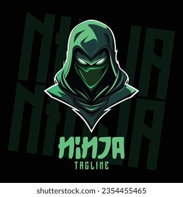 Illustrated Ninja assassin in a Green Theme: Logo, Mascot, Illustration, Vector Graphics for Sports and E-Sports Teams, Killer Ninja Mascot Head
