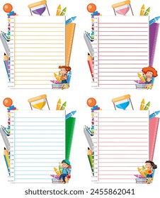 Illustrated notepads with vibrant school supplies.