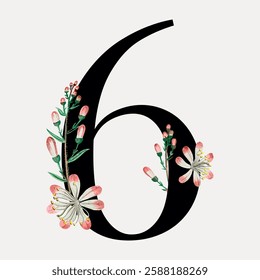 Illustrated number six with floral design. Elegant number six adorned with flowers. Floral elements enhance the number six. Decorative number six with blooms. Vintage font illustration vector.