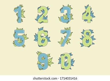 Illustrated numbers with leaves, colored initial numbers with illustrated details,  signboards for zoo and gardens
