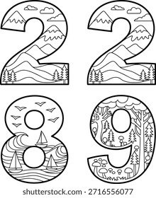 Números ilustrados dos ocho nueve con diseños inspirados en la naturaleza con montañas, árboles y olas