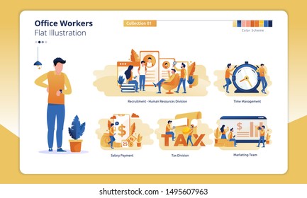 Illustrated office workers, A collection of office scenes for business themes