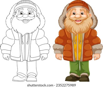 An illustrated old man wearing a hoodie, puffer jacket, winter coat, and beanie hat, standing in an outlined style