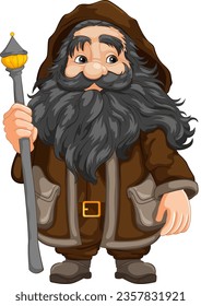 An illustrated old wizard holding a staff, wearing a blue hoodie