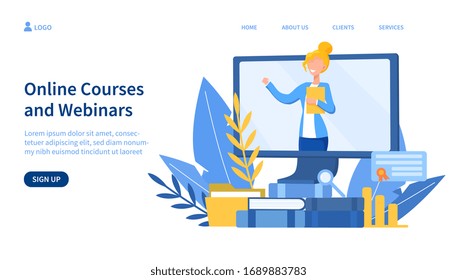 Illustrated online courses concept with teacher on screen. Vector illustration