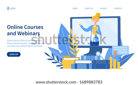 Illustrated online courses concept with teacher on screen. Vector illustration