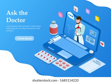 Illustrated online doctor concept with laptop, pills and medication.