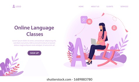 Illustrated online language class concept with woman on laptop. Vector illustration