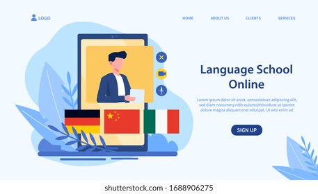 Diseño ilustrado de la escuela de idiomas en línea y página de inicio. Ilustración del vector