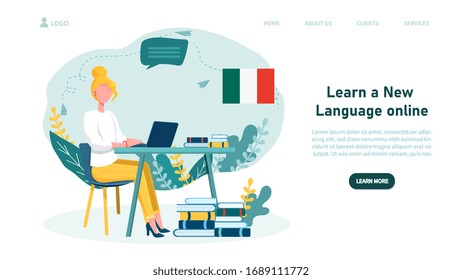 Illustrated online language school concept and woman on laptop. Vector illustration
