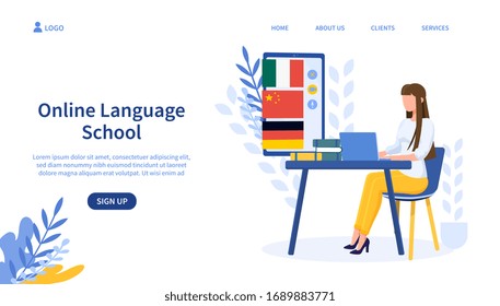 Illustrated online language school concept and woman on laptop. Vector illustration.