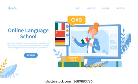 Illustrated online language school theme and teacher on screen. Vector illustration