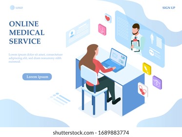 Illustrated online medical service concept with woman on laptop talking to online doctor from home. Vector illustration