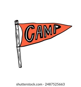 Bandera de campamento naranja ilustrada con la palabra 'CAMP' ideal para aventuras, acampadas o actividades al aire libre.