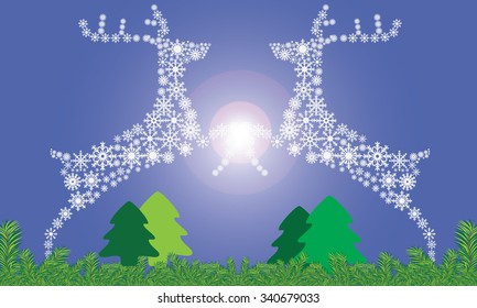 Illustrated ornamental jumping reindeer and christmas trees and fir leaves with shining light blue background