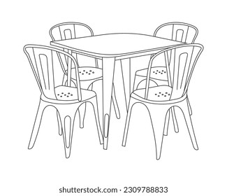 Illustrated Outline of Dining Chairs and Table Set in a Restaurant with white background