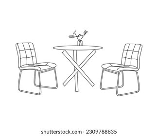 Illustrated Outline of Dining Chairs and Table Set in a Restaurant with white background