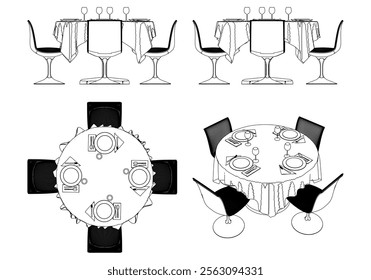 Illustrated Outline of Dining Chairs and Table Set in a Restaurant with white background. Vector Illustration with Front, Side, and Top Views