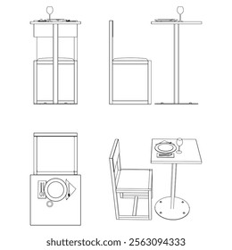 Illustrated Outline of Dining Chairs and Table Set in a Restaurant with white background. Vector Illustration with Front, Side, and Top Views