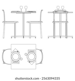 Illustrated Outline of Dining Chairs and Table Set in a Restaurant with white background. Vector Illustration with Front, Side, and Top Views