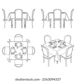 Illustrated Outline of Dining Chairs and Table Set in a Restaurant with white background. Vector Illustration with Front, Side, and Top Views