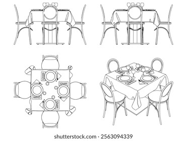 Illustrated Outline of Dining Chairs and Table Set in a Restaurant with white background. Vector Illustration with Front, Side, and Top Views