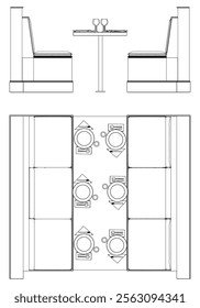 Illustrated Outline of Dining Chairs and Table Set in a Restaurant with white background. Vector Illustration with Front, Side, and Top Views