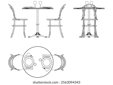 Illustrated Outline of Dining Chairs and Table Set in a Restaurant with white background. Vector Illustration with Front, Side, and Top Views