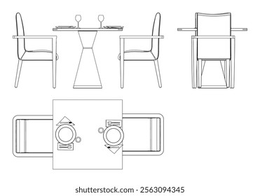 Illustrated Outline of Dining Chairs and Table Set in a Restaurant with white background. Vector Illustration with Front, Side, and Top Views