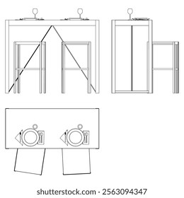 Illustrated Outline of Dining Chairs and Table Set in a Restaurant with white background. Vector Illustration with Front, Side, and Top Views