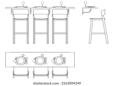 Illustrated Outline of Dining Chairs and Table Set in a Restaurant with white background. Vector Illustration with Front, Side, and Top Views