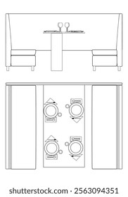 Illustrated Outline of Dining Chairs and Table Set in a Restaurant with white background. Vector Illustration with Front, Side, and Top Views