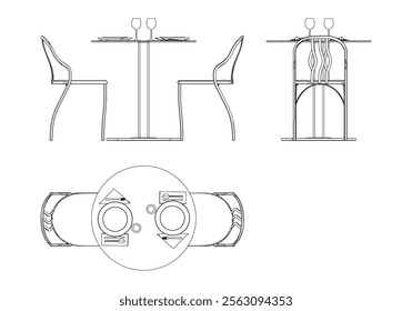 Illustrated Outline of Dining Chairs and Table Set in a Restaurant with white background. Vector Illustration with Front, Side, and Top Views