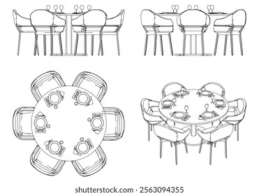 Illustrated Outline of Dining Chairs and Table Set in a Restaurant with white background. Vector Illustration with Front, Side, and Top Views