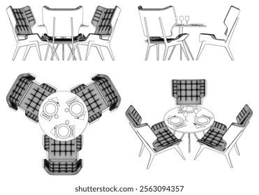 Illustrated Outline of Dining Chairs and Table Set in a Restaurant with white background. Vector Illustration with Front, Side, and Top Views