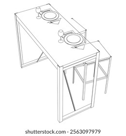 Illustrated Outline of Dining Chairs and Table Set in a Restaurant with white background. Vector Illustration.